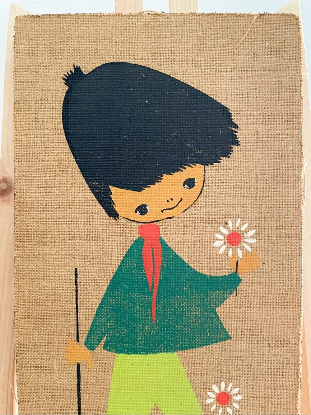 VTG Mid Century Agnes Boy with Flowers Burlap Wood Wall Art Plaque Panel MCM